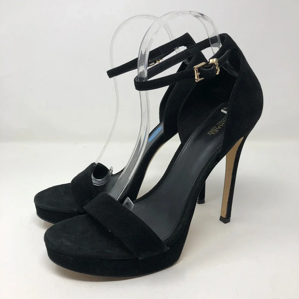 Michael Kors Platform Sandals Womens 10 Black Suede Ankle Strap Stiletto‎ SG22F